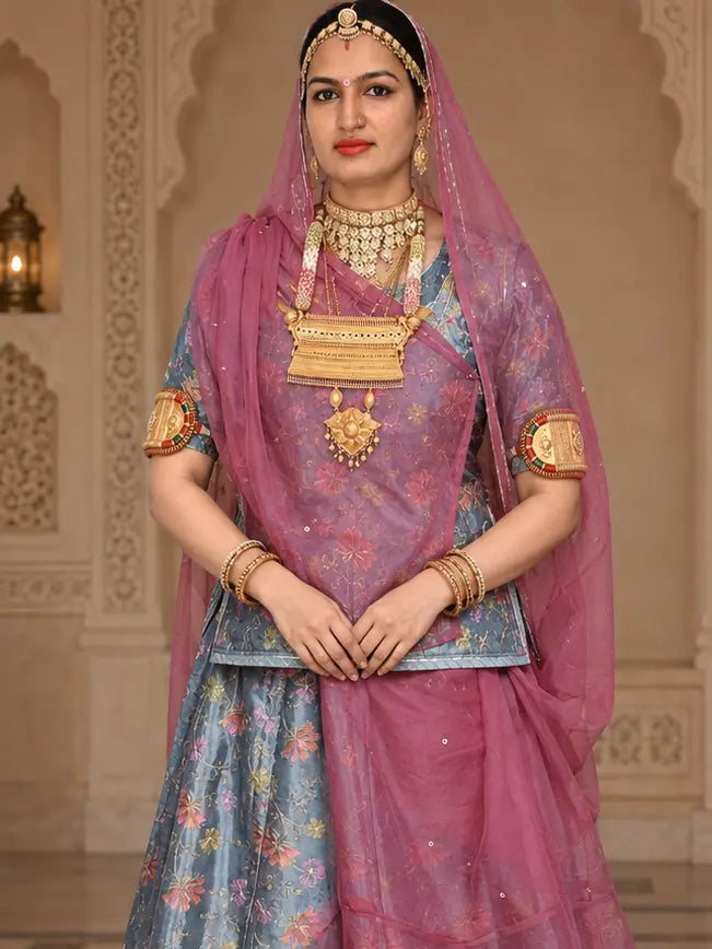 Rajputi Dress - Crepe Pure Chhota Fool Fabric - Steel Blue With Contrast Matching Rajan Odhni