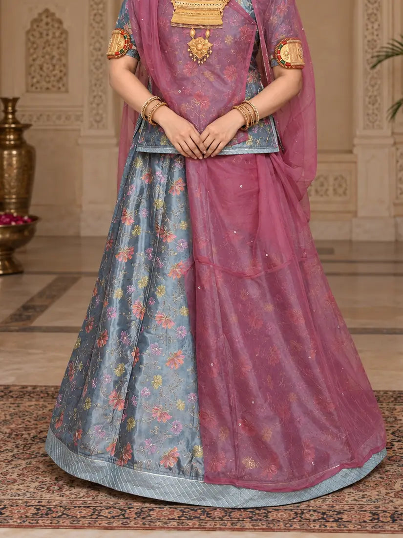 Rajputi Dress - Crepe Pure Chhota Fool Fabric - Steel Blue With Contrast Matching Rajan Odhni