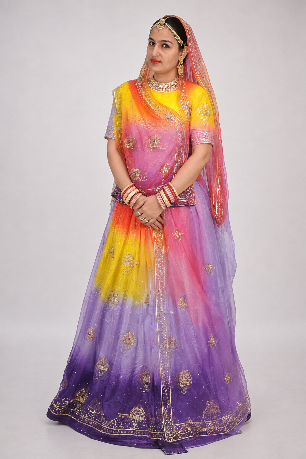 Rajputi Dress - Mor Pankh Pure Poshak With Thakhurji Pure Odhni - Bengani, Yellow, Orange With Same Colour Odhni