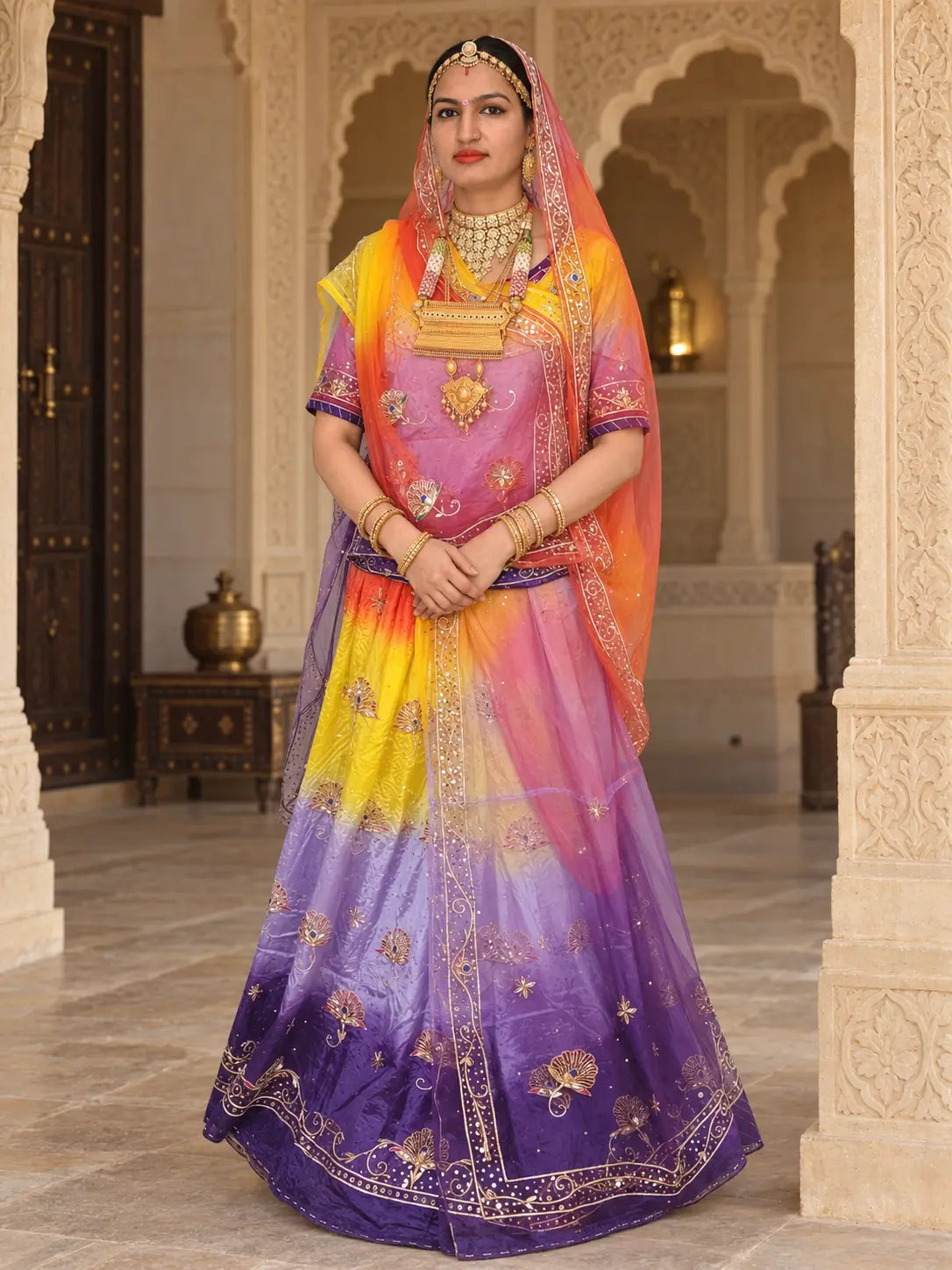 Rajputi Dress - Mor Pankh Pure Poshak With Thakhurji Pure Odhni - Bengani, Yellow, Orange With Same Colour Odhni