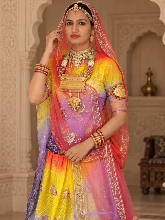 Rajputi Dress - Mor Pankh Pure Poshak With Thakhurji Pure Odhni - Bengani, Yellow, Orange With Same Colour Odhni
