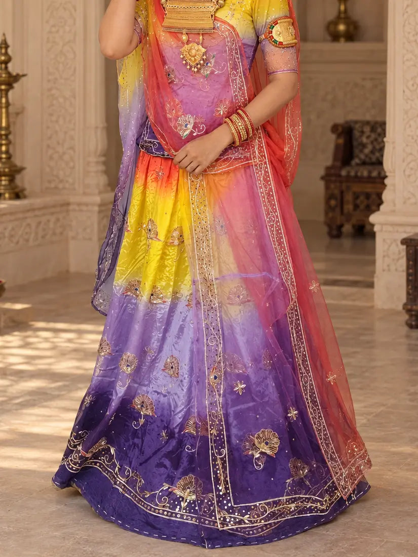 Rajputi Dress - Mor Pankh Pure Poshak With Thakhurji Pure Odhni - Bengani, Yellow, Orange With Same Colour Odhni