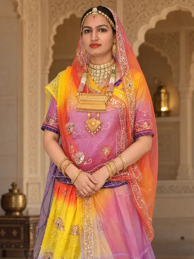 Rajputi Dress - Mor Pankh Pure Poshak With Thakhurji Pure Odhni - Bengani, Yellow, Orange With Same Colour Odhni