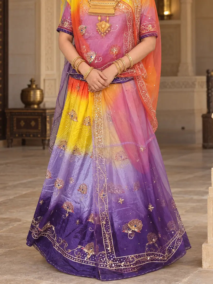 Rajputi Dress - Mor Pankh Pure Poshak With Thakhurji Pure Odhni - Bengani, Yellow, Orange With Same Colour Odhni