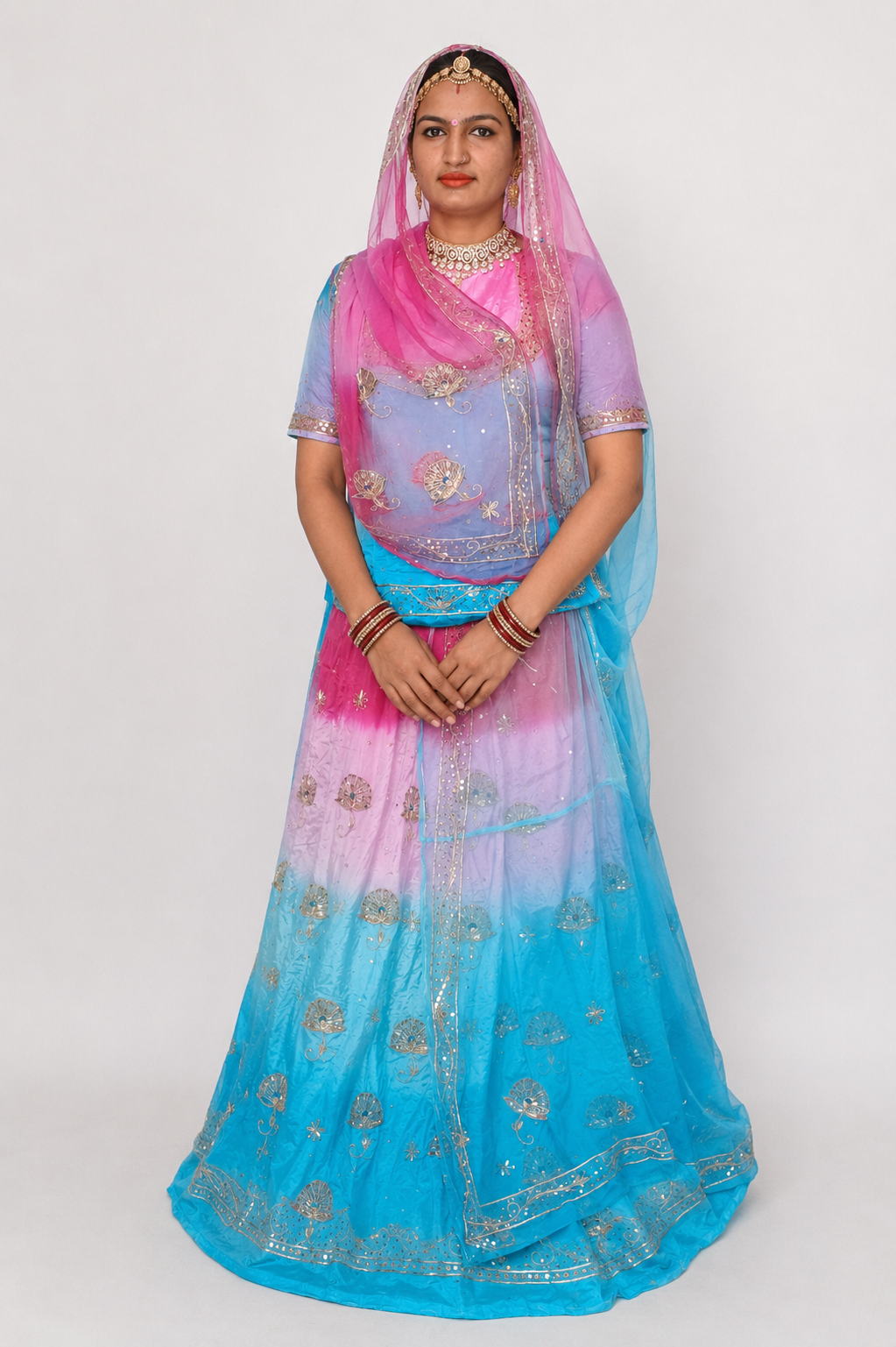 Rajputi Dress - Mor Pankh Pure Poshak With Thakhurji Pure Odhni - Sky Blue, Blue, Baby Pink, Pink With Same Colour Odhni