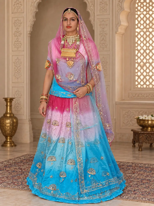 Rajputi Dress - Mor Pankh Pure Poshak With Thakhurji Pure Odhni - Sky Blue, Blue, Baby Pink, Pink With Same Colour Odhni