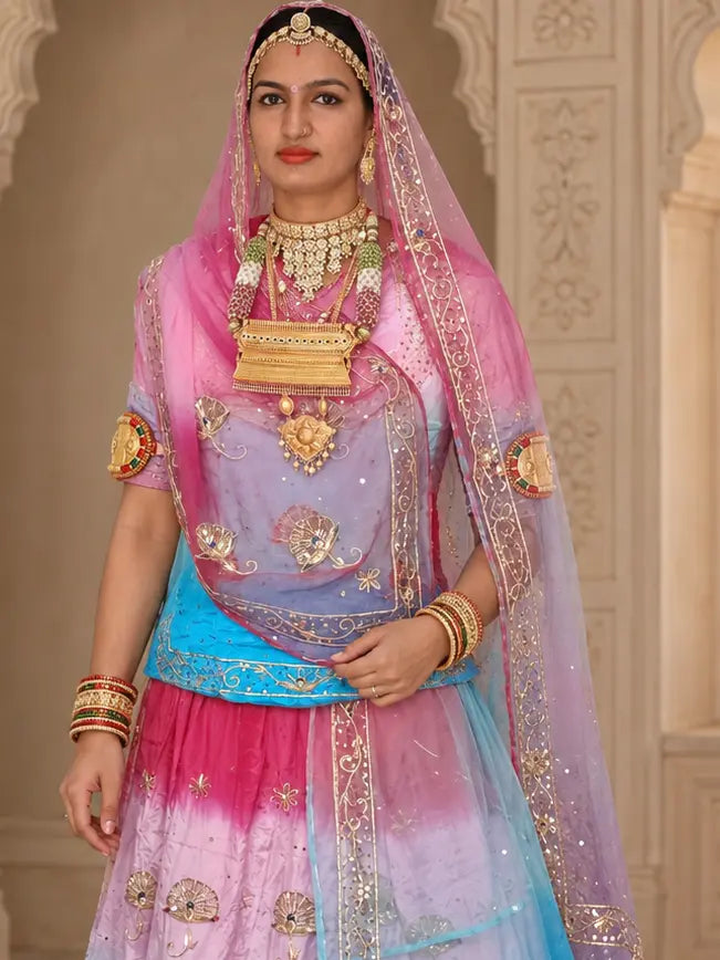 Rajputi Dress - Mor Pankh Pure Poshak With Thakhurji Pure Odhni - Sky Blue, Blue, Baby Pink, Pink With Same Colour Odhni