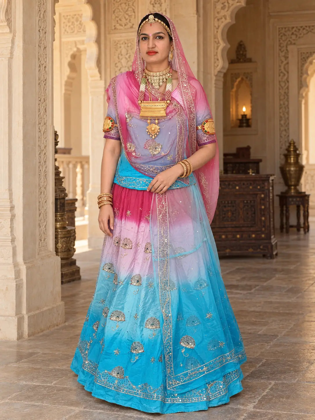 Rajputi Dress - Mor Pankh Pure Poshak With Thakhurji Pure Odhni - Sky Blue, Blue, Baby Pink, Pink With Same Colour Odhni
