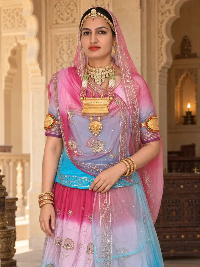 Rajputi Dress - Mor Pankh Pure Poshak With Thakhurji Pure Odhni - Sky Blue, Blue, Baby Pink, Pink With Same Colour Odhni