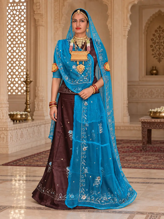 Rajputi Dress - Natural Crepe Pure Fabric With Zari Work - Brown With Sky Blue Tora Odhni
