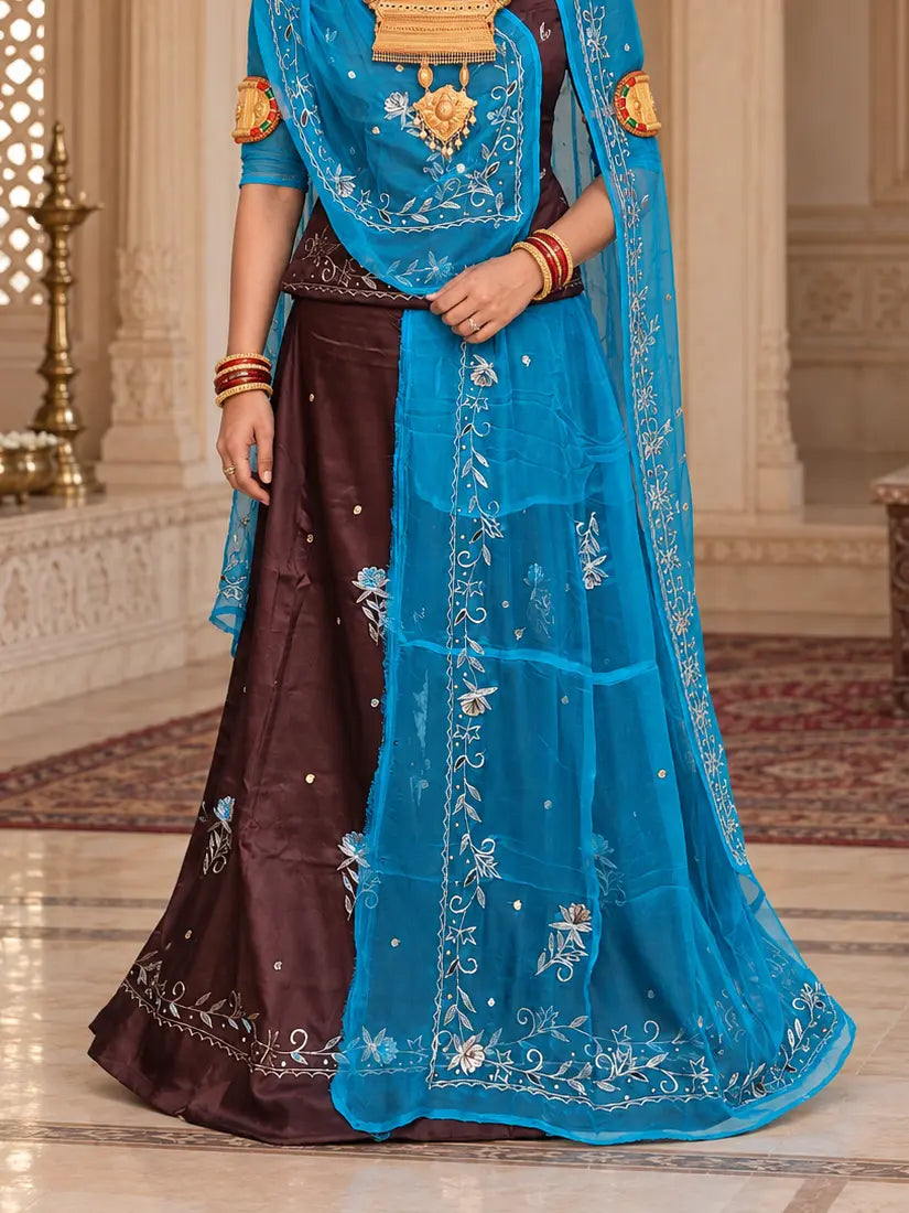 Rajputi Dress - Natural Crepe Pure Fabric With Zari Work - Brown With Sky Blue Tora Odhni