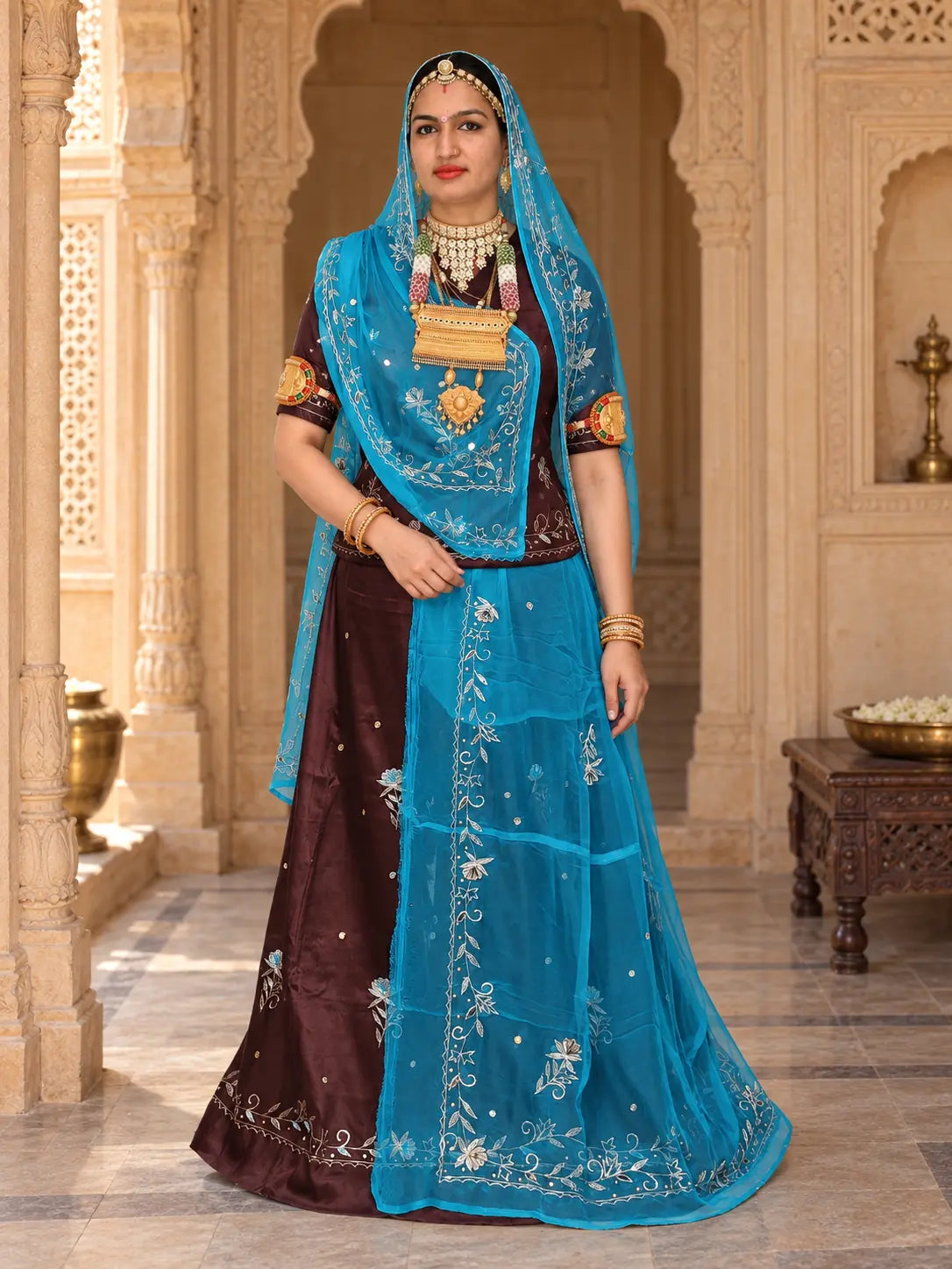 Rajputi Dress - Natural Crepe Pure Fabric With Zari Work - Brown With Sky Blue Tora Odhni