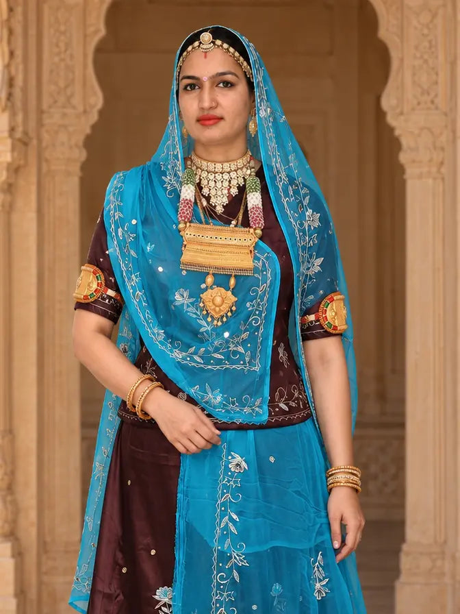 Rajputi Dress - Natural Crepe Pure Fabric With Zari Work - Brown With Sky Blue Tora Odhni