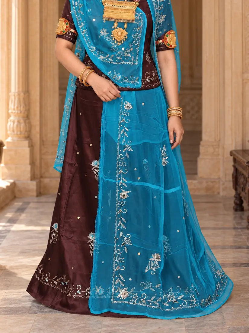 Rajputi Dress - Natural Crepe Pure Fabric With Zari Work - Brown With Sky Blue Tora Odhni