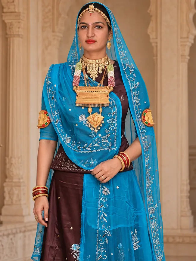 Rajputi Dress - Natural Crepe Pure Fabric With Zari Work - Brown With Sky Blue Tora Odhni