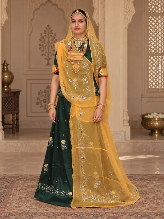 Rajputi Dress - Natural Crepe Pure Fabric With Zari Work - Dark Green With Yellow Tora Odhni
