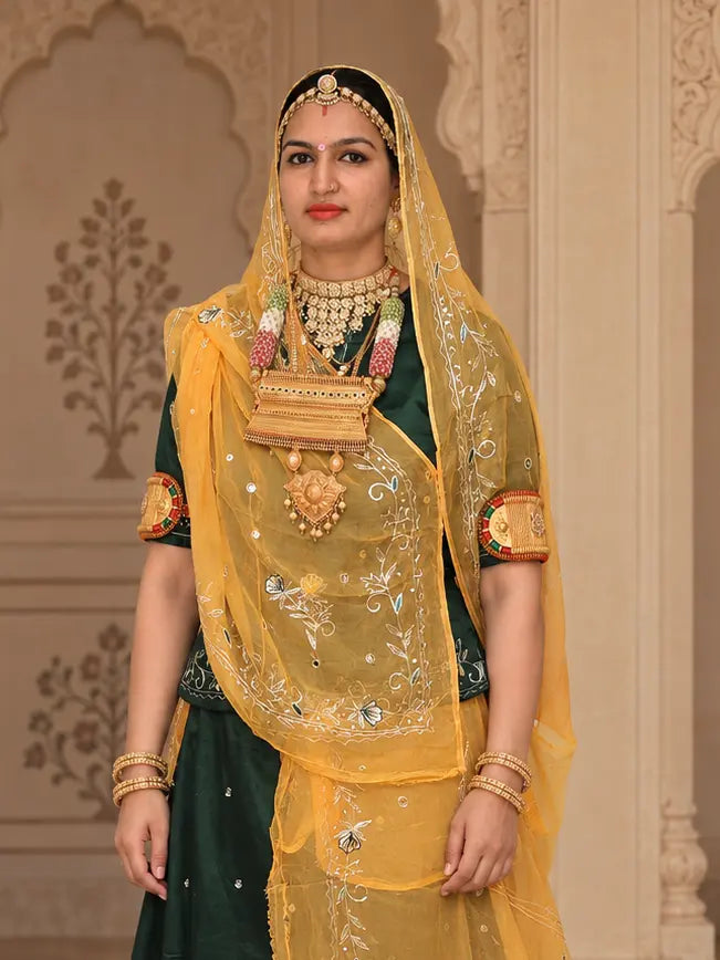 Rajputi Dress - Natural Crepe Pure Fabric With Zari Work - Dark Green With Yellow Tora Odhni