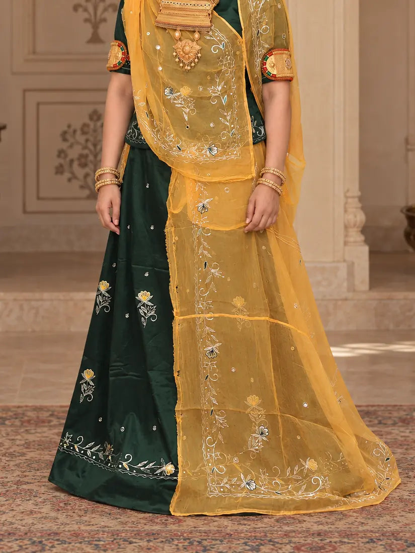 Rajputi Dress - Natural Crepe Pure Fabric With Zari Work - Dark Green With Yellow Tora Odhni