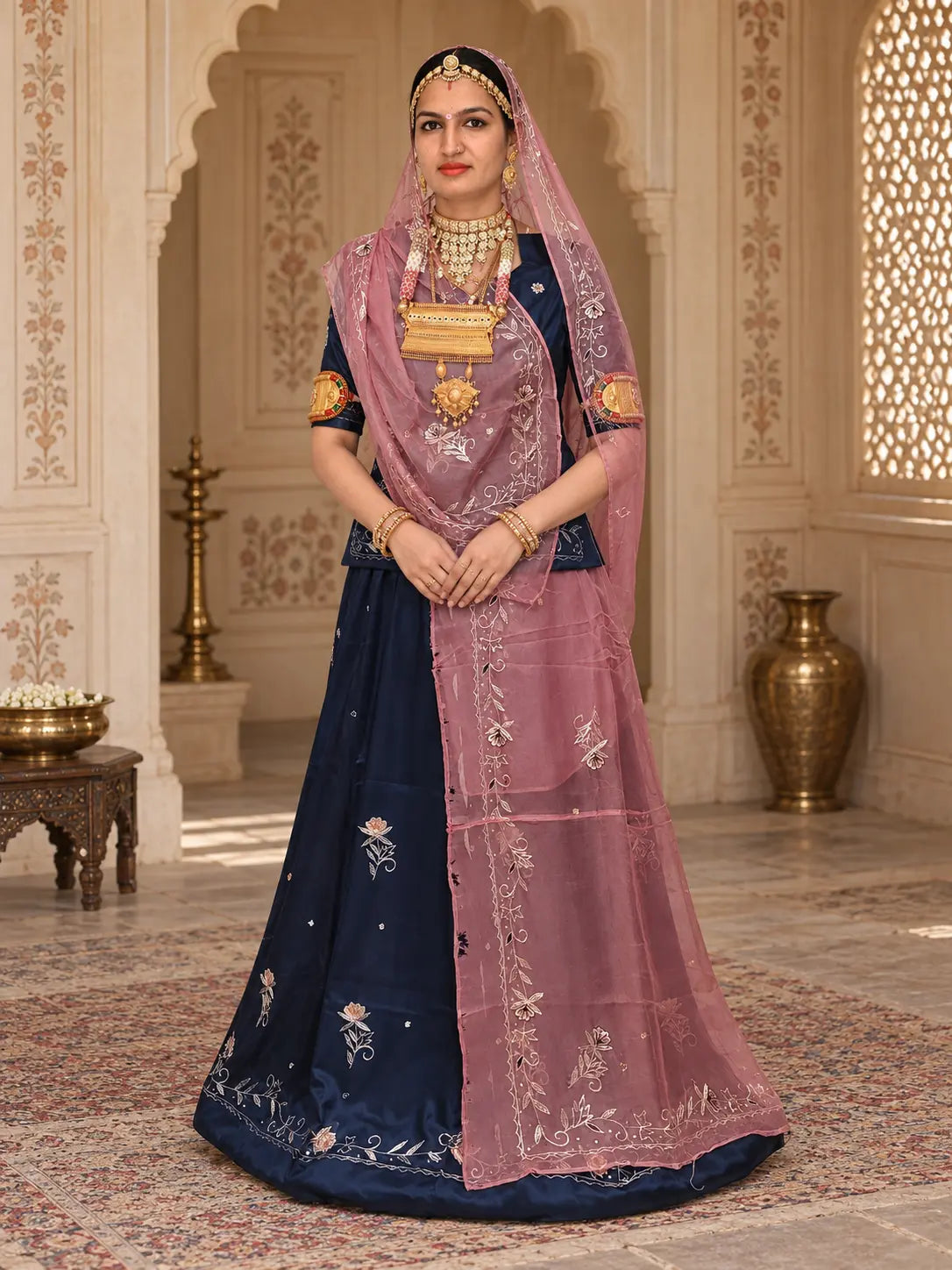 Rajputi Dress - Natural Crepe Pure Fabric With Zari Work - Dark Teal Blue With Peach Tora Odhni