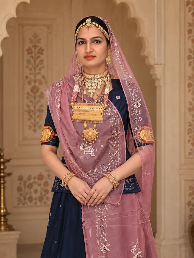 Rajputi Dress - Natural Crepe Pure Fabric With Zari Work - Dark Teal Blue With Peach Tora Odhni