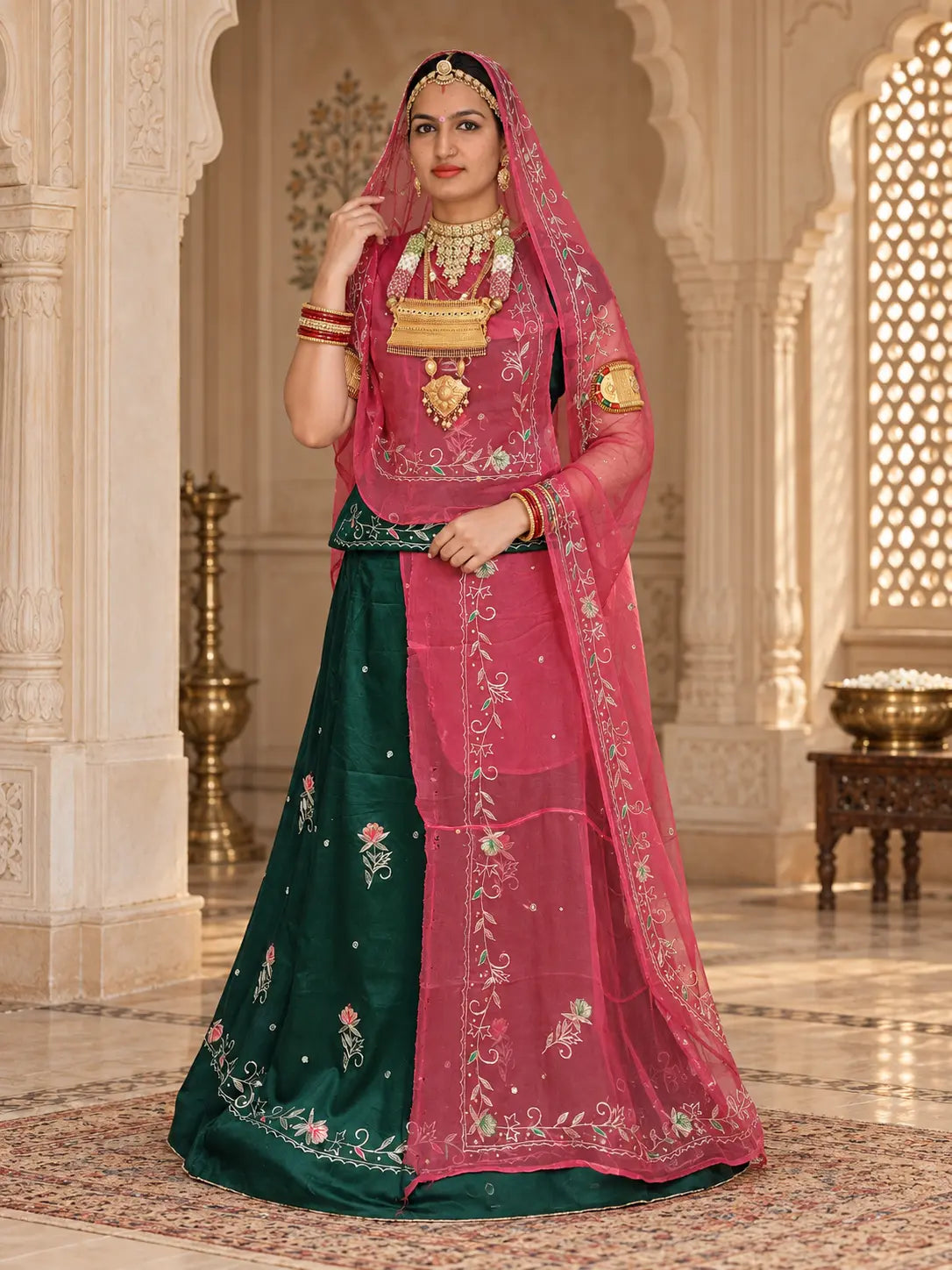 Rajputi Dress - Natural Crepe Pure Fabric With Zari Work - Teal Green With Rani Pink Tora Odhni