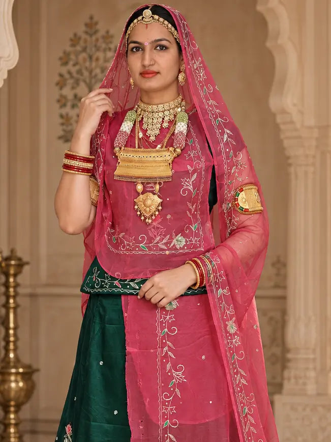 Rajputi Dress - Natural Crepe Pure Fabric With Zari Work - Teal Green With Rani Pink Tora Odhni