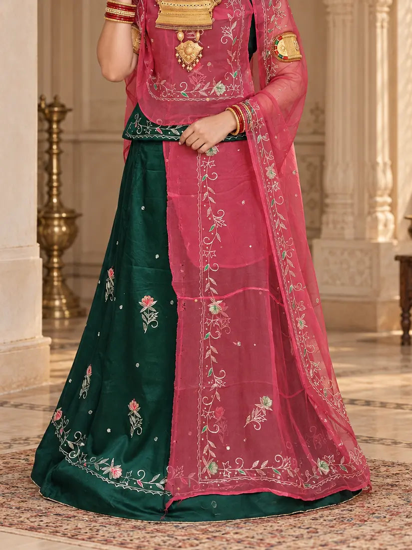 Rajputi Dress - Natural Crepe Pure Fabric With Zari Work - Teal Green With Rani Pink Tora Odhni