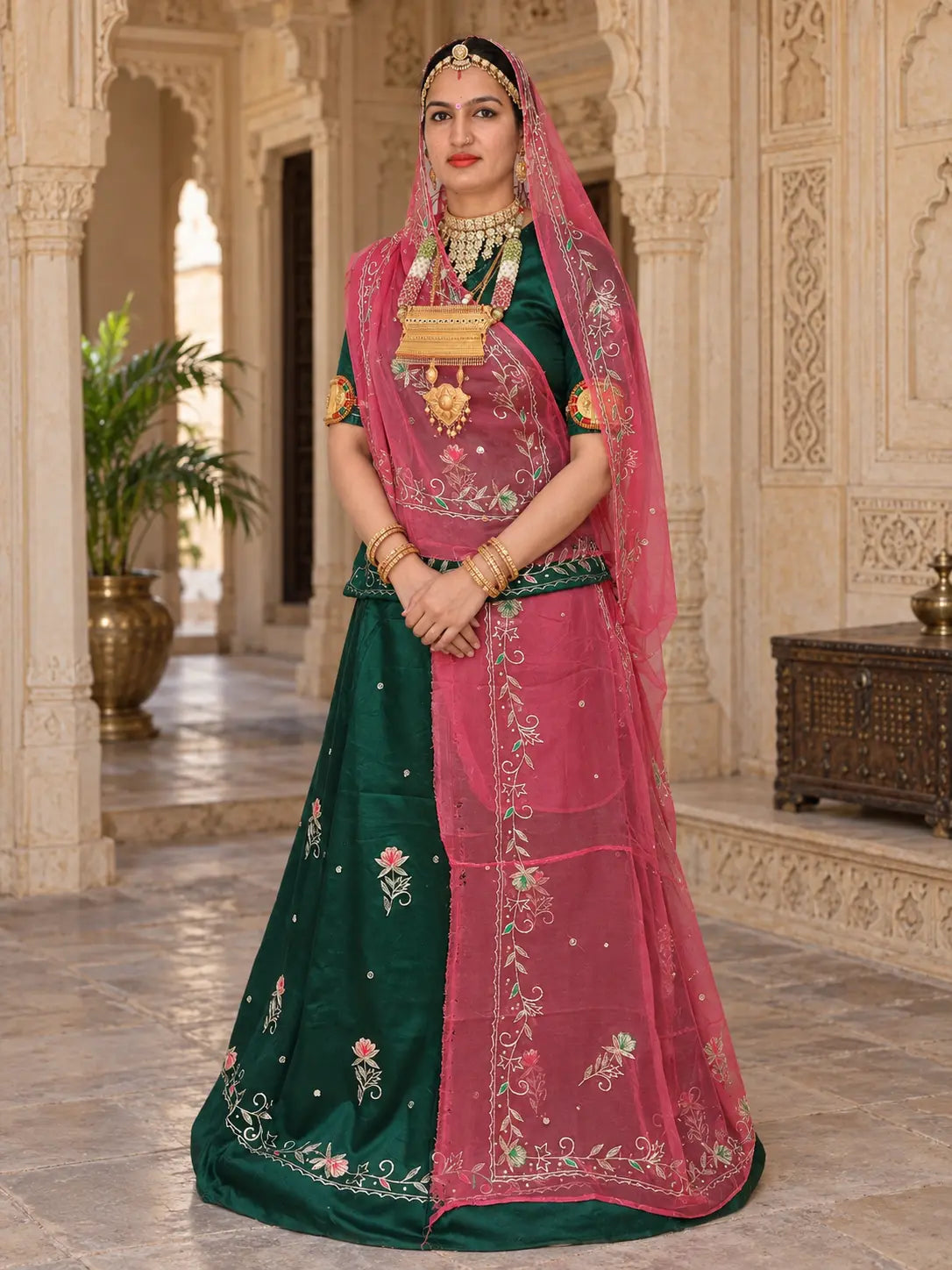 Rajputi Dress - Natural Crepe Pure Fabric With Zari Work - Teal Green With Rani Pink Tora Odhni