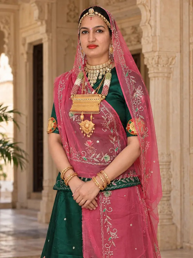 Rajputi Dress - Natural Crepe Pure Fabric With Zari Work - Teal Green With Rani Pink Tora Odhni