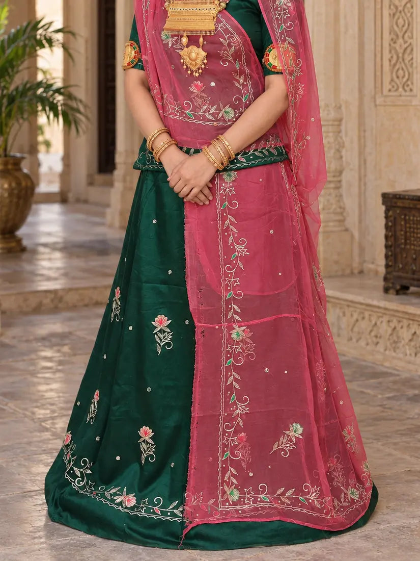 Rajputi Dress - Natural Crepe Pure Fabric With Zari Work - Teal Green With Rani Pink Tora Odhni