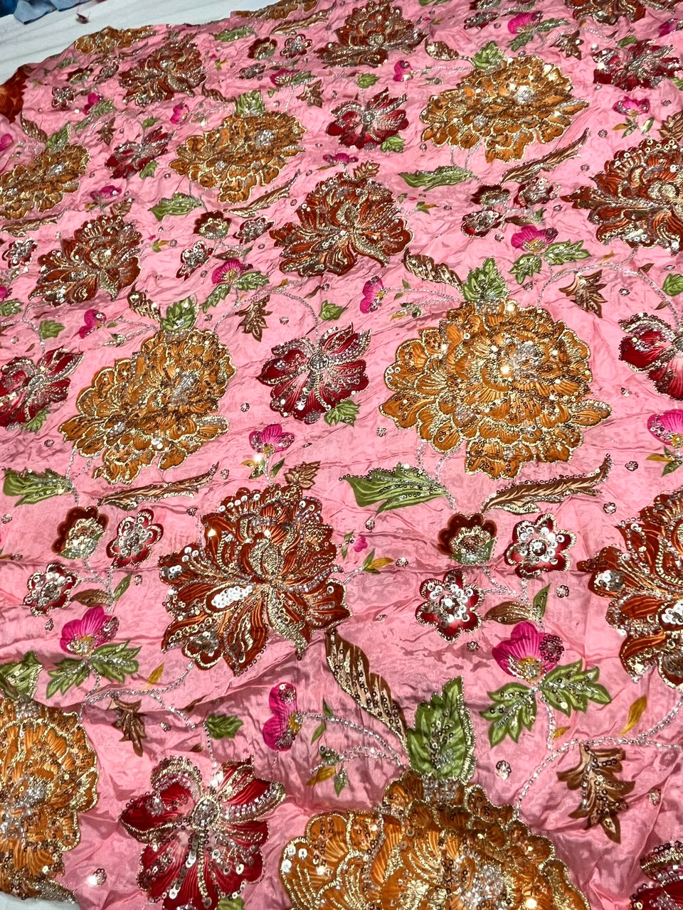 Rajputi Dress - Natural Crepe Pure With Zari, Sequin And Cut Daana Work - Pink Base With golden, maroon, green, and silver embroidery