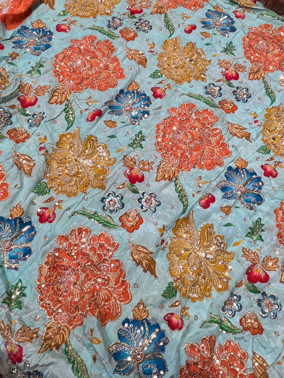 Rajputi Dress - Natural Crepe Pure With Zari, Sequin And Cut Daana Work - Sky Blue Base With Multicolour Floral Embroidery (Orange, Golden, Blue, Red, Green)