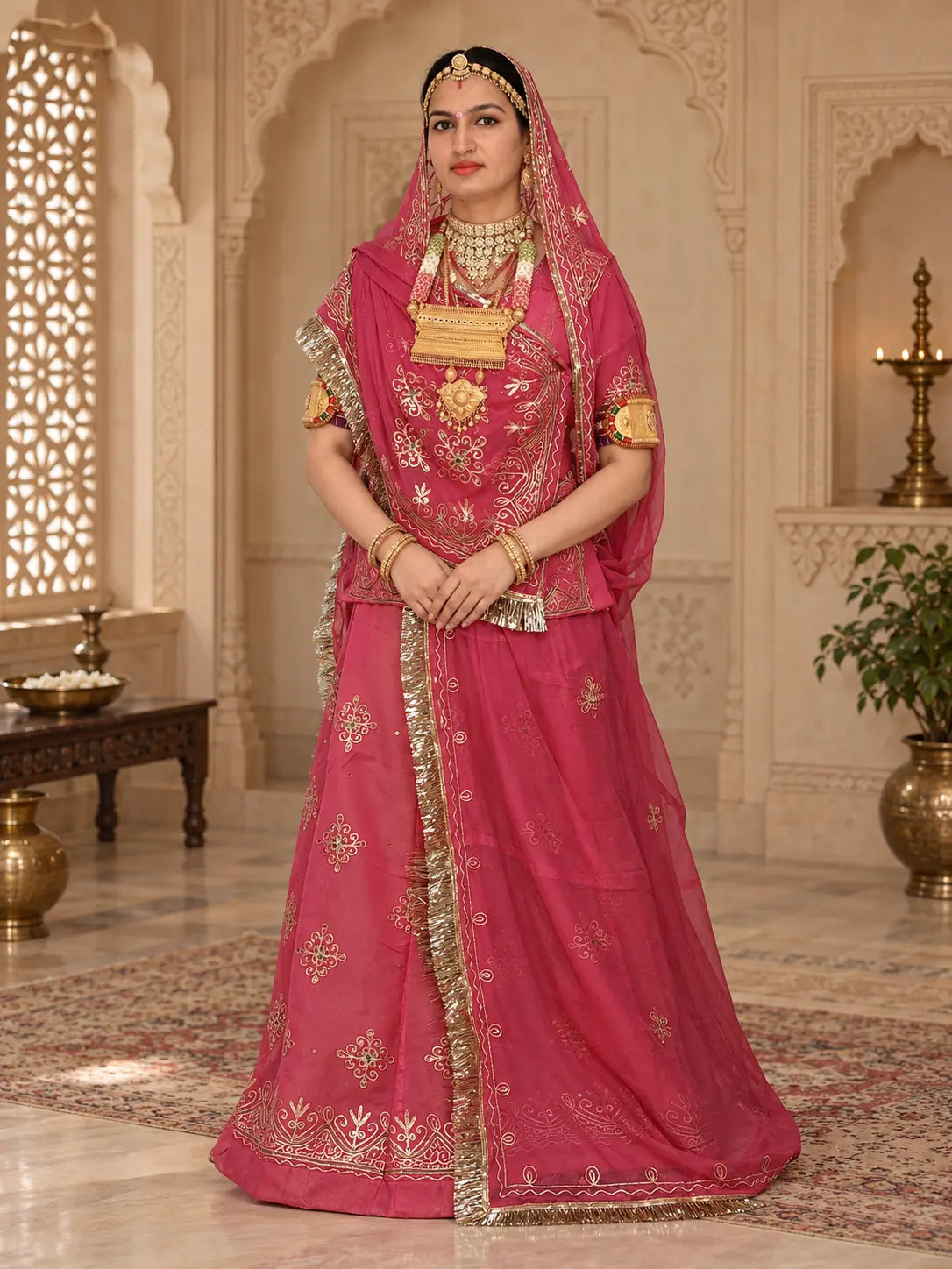 Designer Rajputi Poshak | Tissue Fabric & Humrahi Pure Odhni | Heavy Zari hand Work.