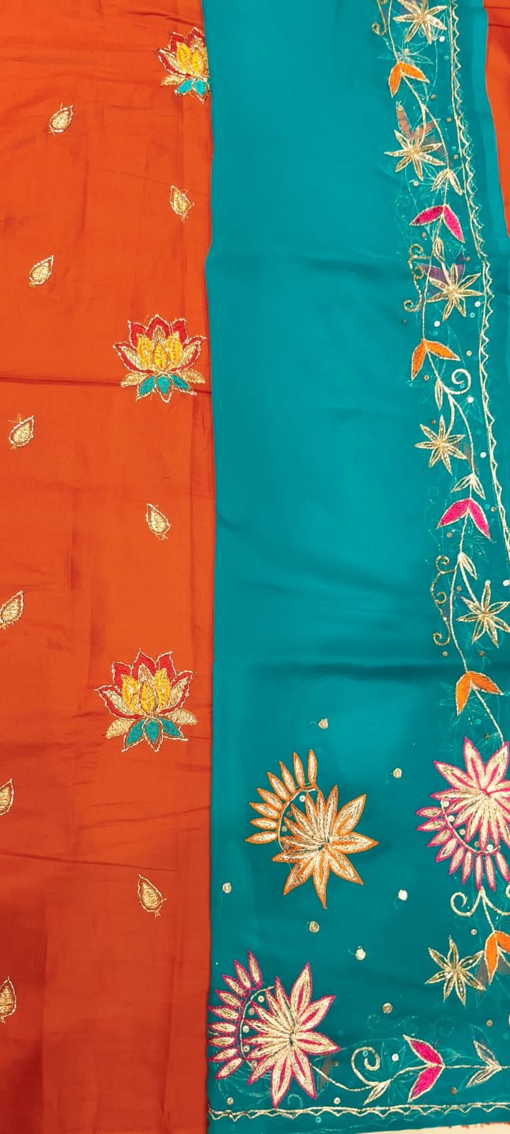 Orange & Teal Jaam Cotton Suit with Floral Butta Work | Designer Jaam Cotton Dress Material for Women
