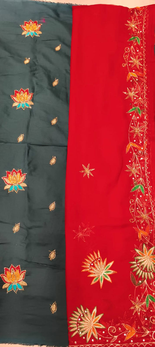 Dark Green & Red Jaam Cotton Suit Fabric with Lotus Butta Work & Embroidered Dupatta