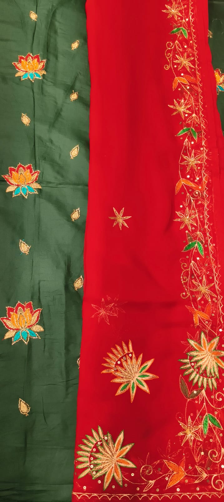 Green Jaam Cotton Dress Material with Floral Butta Work & Red Embroidered Dupatta | Ethnic Cotton Suit Set