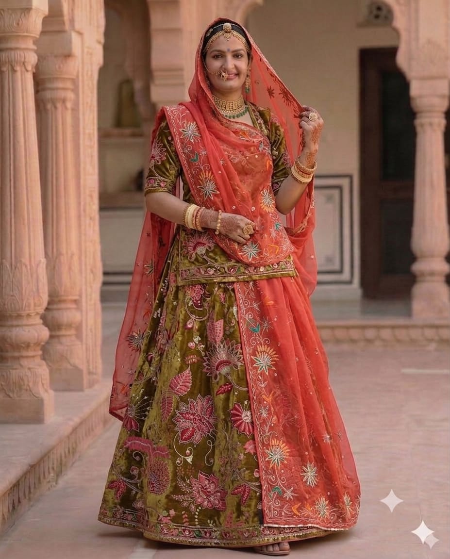 Premium mehandi Pimpal Pata Pure Fabric with Zari Work & Thread Embroidery | Rajputi Poshak Dress Material