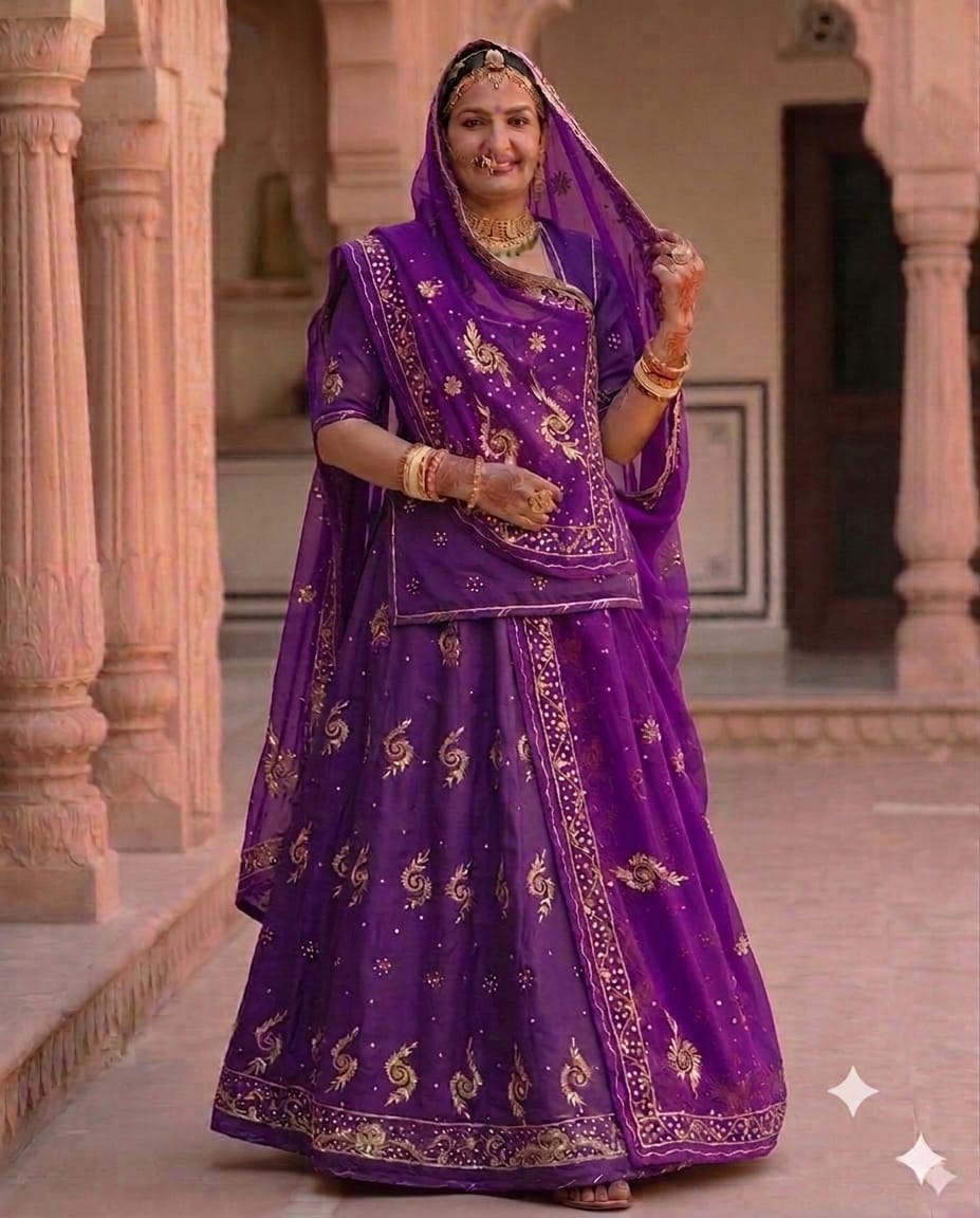 Khuli Bunti Design Rajputi Poshak with Thakhurji Pure Odhni – Natural Crepe Pure Fabric Zardozi Work Traditional Rajputi Dress