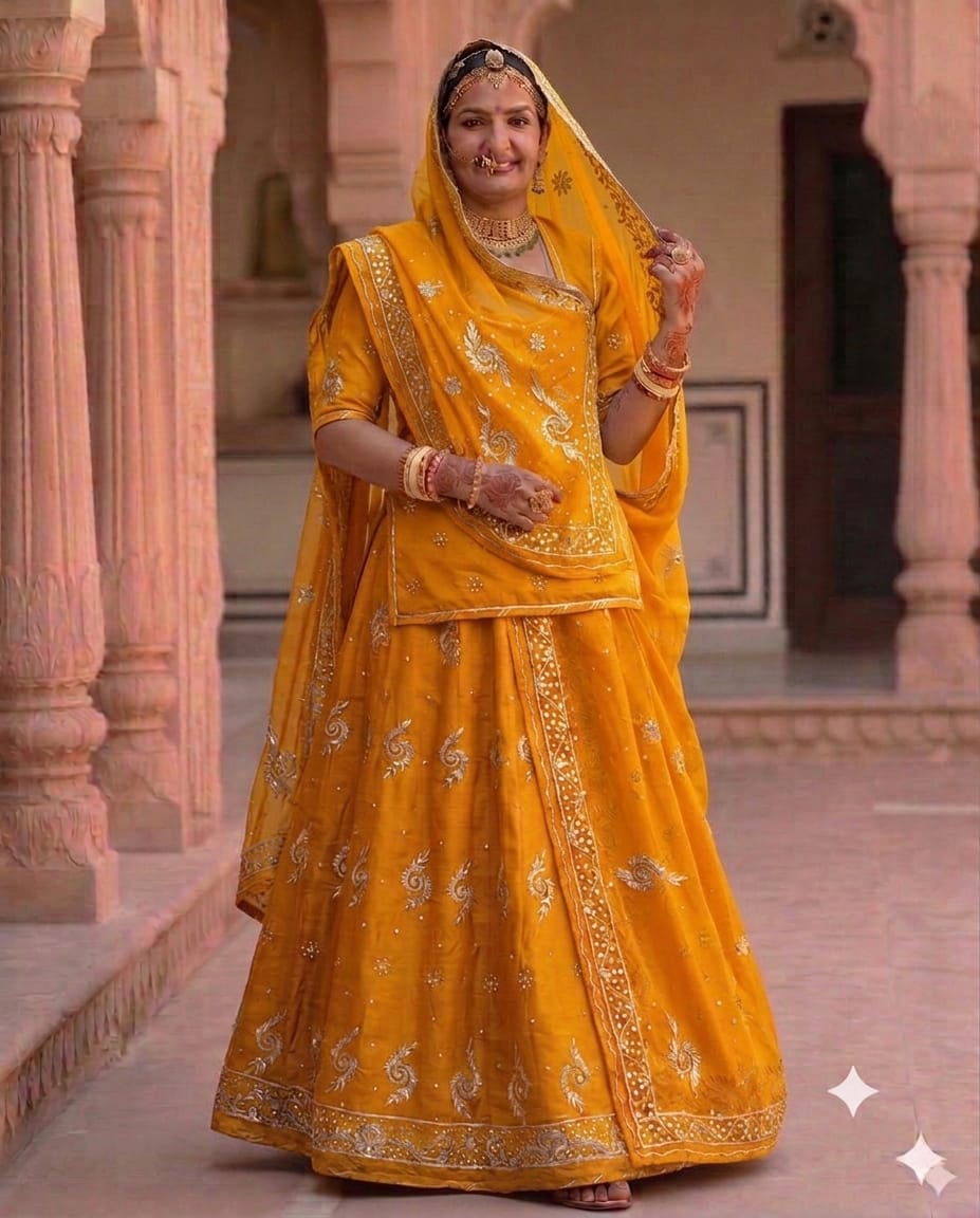 Khuli Bunti Design Rajputi Poshak with Thakhurji Pure Odhni – Natural Crepe Pure Fabric Zardozi Work Traditional Rajputi Dress