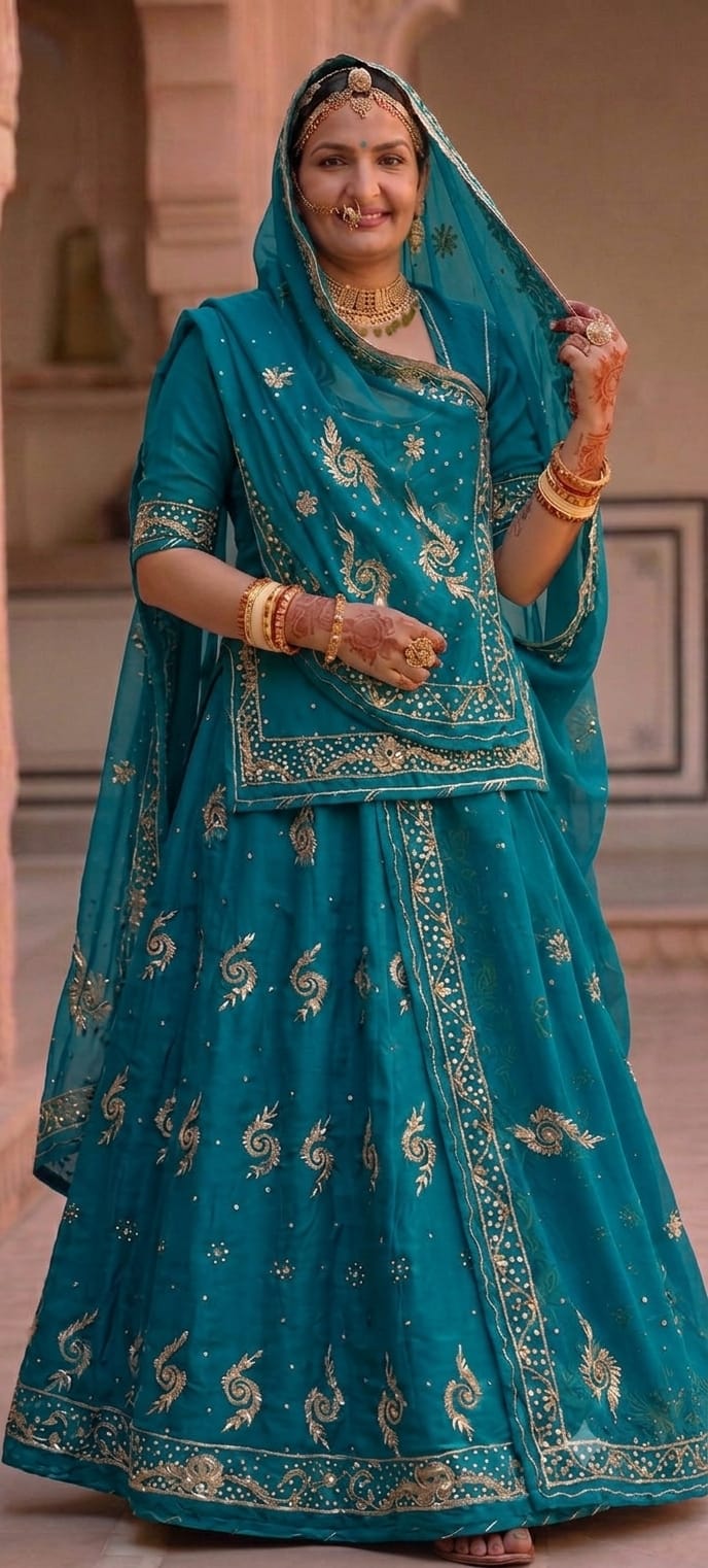 Peacock Teal Khuli Bunti Rajputi Poshak with Thakhurji Pure Odhni | Natural Crepe Fabric | Heavy Zardoji Work