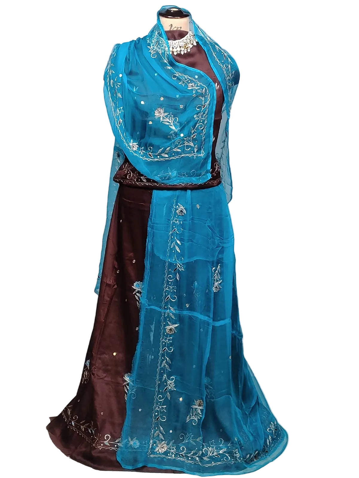 Rajputi Dress - Natural Crepe Pure Fabric With Zari Work - Brown With Sky Blue Tora Odhni