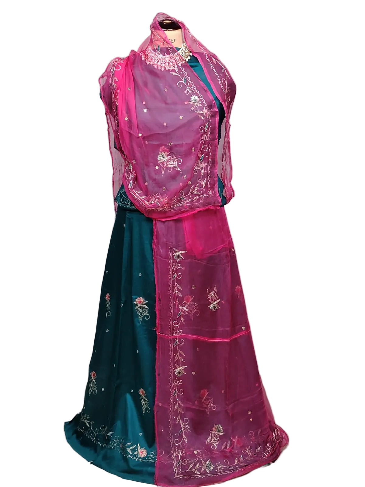 Rajputi Dress - Natural Crepe Pure Fabric With Zari Work - Teal Green With Rani Pink Tora Odhni