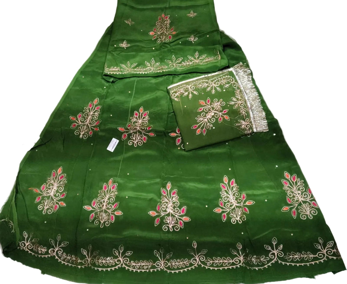 Rajputi Dress - Floral Natural Crepe Pure Green Poshak With Zari Work - Same Colour Pure Odhni