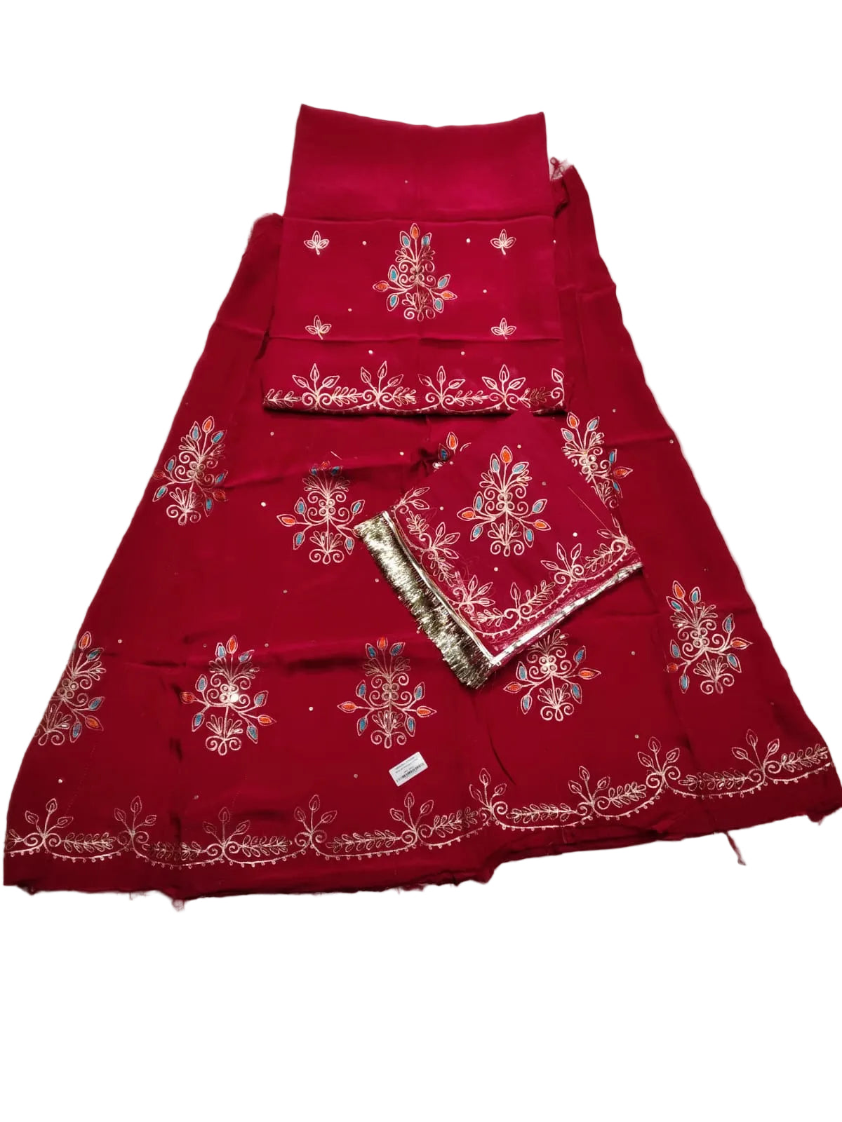 Rajputi Dress - Floral Natural Crepe Pure Red Poshak With Zari Work - Same Colour Pure Odhni