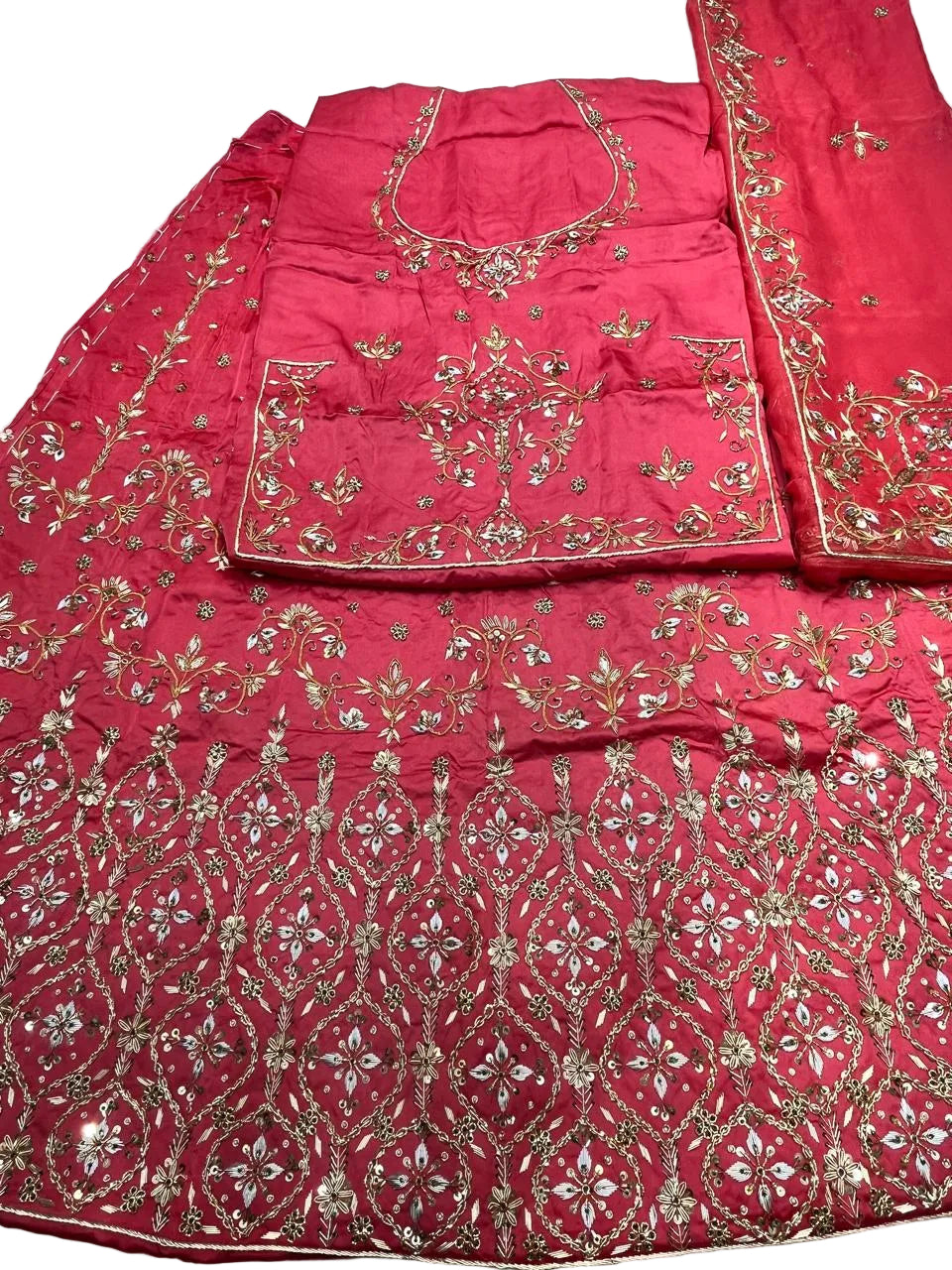 Rajputi Dress - Bember Satin With Zardozi, Dabka, Cut Dana & Aari Tari Handwork - Coral Red With Thakhurji Pure Odhni