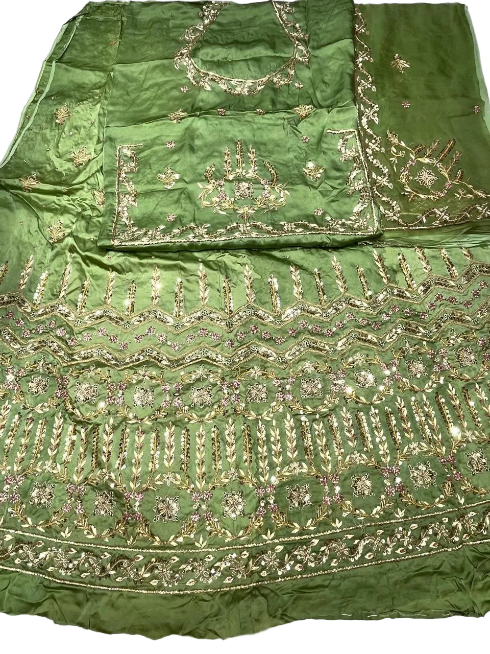 Rajputi Dress - Bember Satin With Zardozi, Dabka, Cut Dana & Aari Tari Handwork - Mehandi Green With Thakhurji Pure Odhni