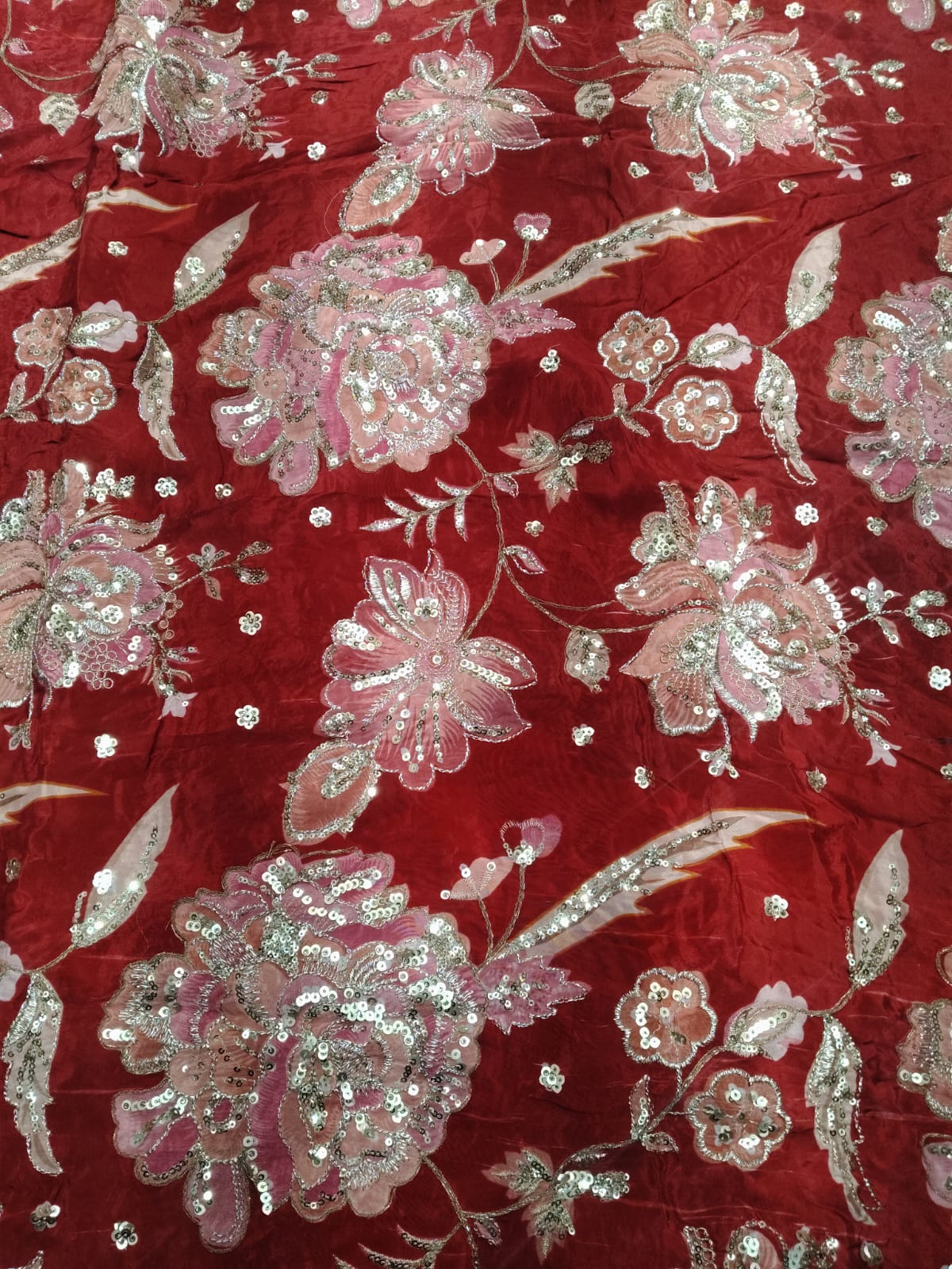 Rajputi Dress - Natural Crepe Pure With Zari And Sequin Work - Marron Red With Multicolour Floral