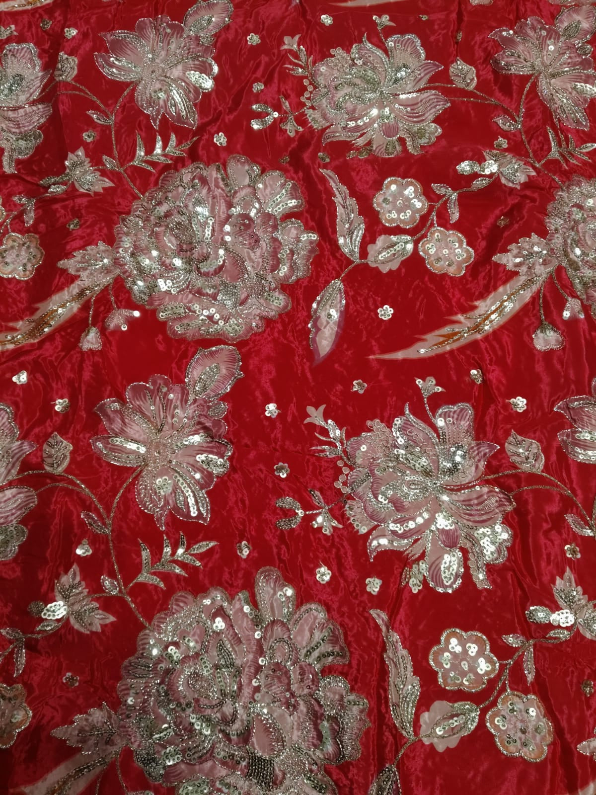 Rajputi Dress - Natural Crepe Pure With Zari And Sequin Work - Red With Multicolour Floral