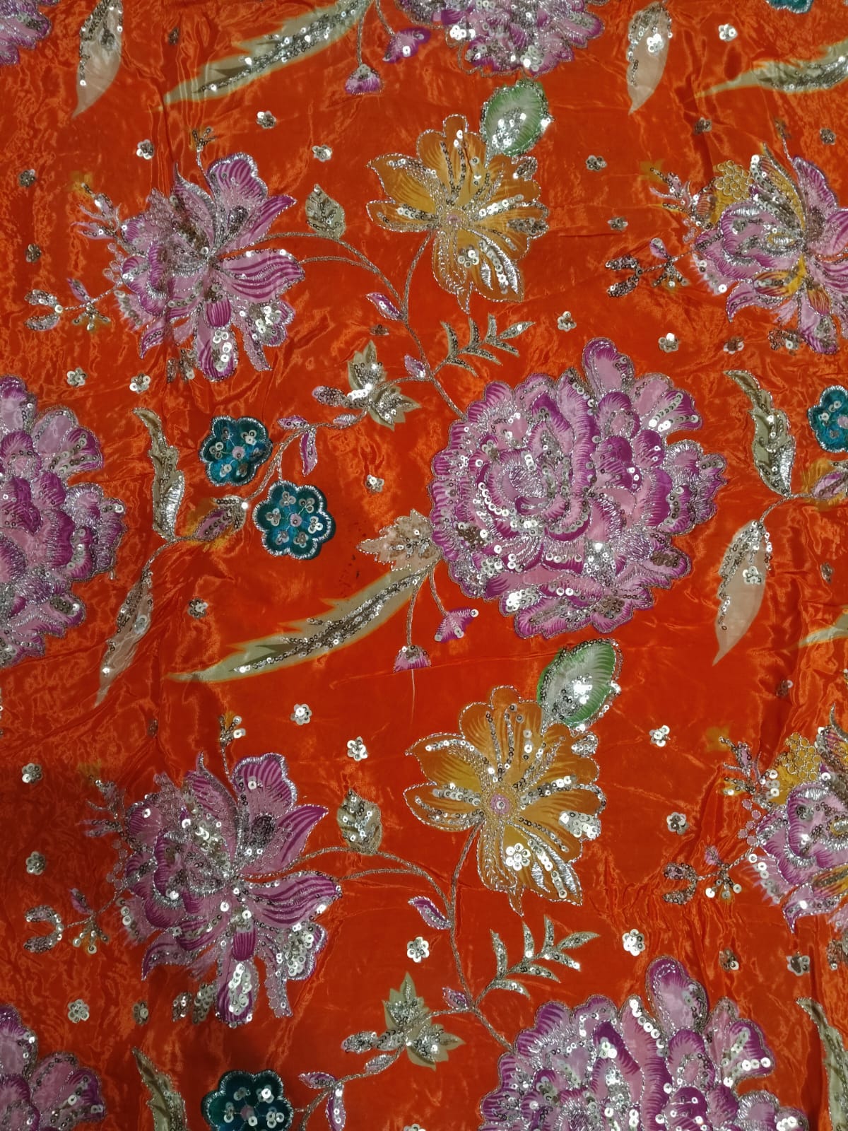 Rajputi Dress - Natural Crepe Pure With Zari And Sequin Work - Orange With Multicolour Floral