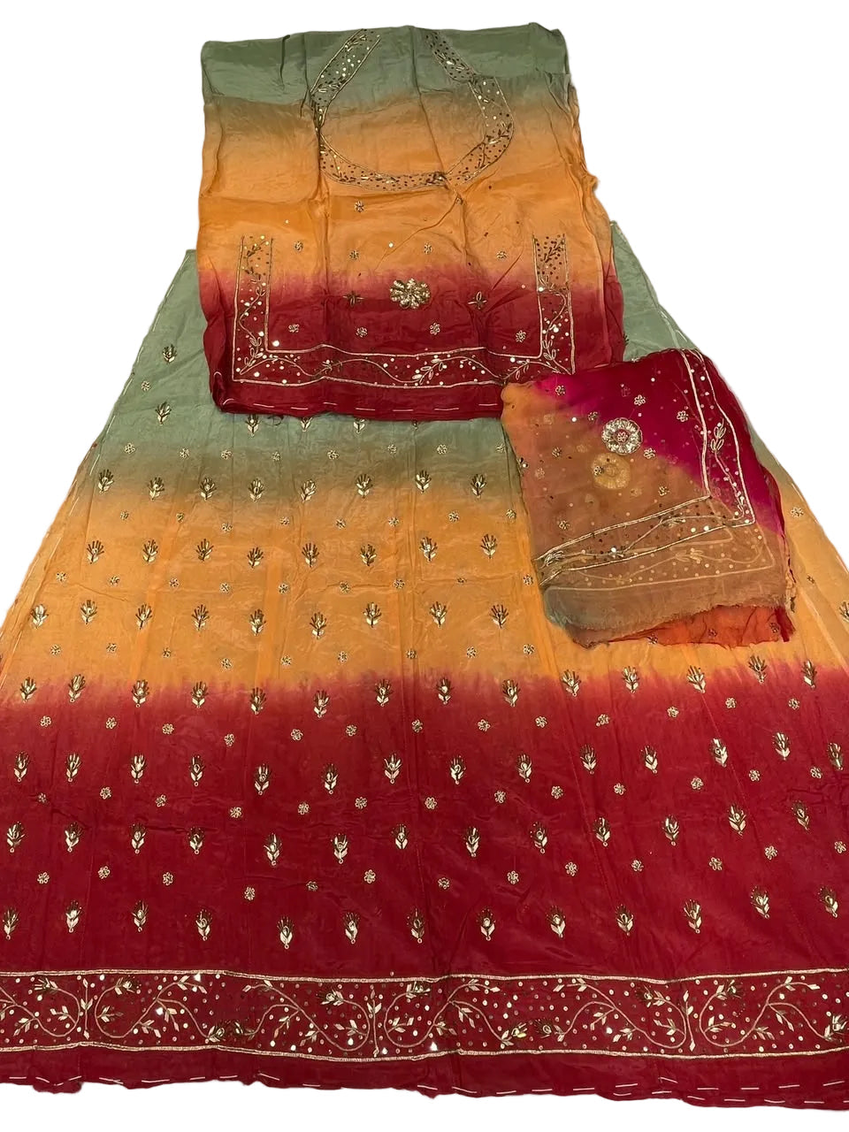 Ghevar Desgin Tri Colour Rajputi Poshak With Thakhurji Pure Odhni | Natural Crepe Fabric | Traditional Rajasthani Bridal Wear